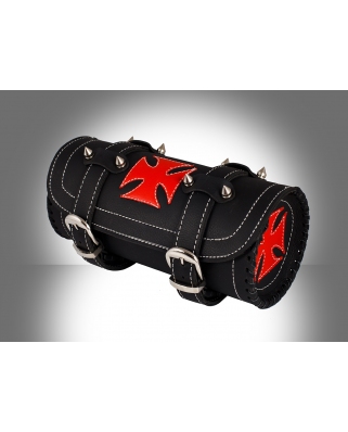 Gothic Motorcycle Biker Leather Tool Rool Black Bag with Red Iron Cross